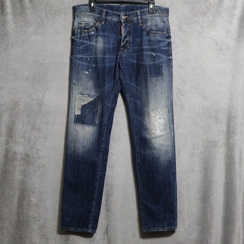 Dsquared2 Jeans Mens 35x33 Blue Distressed Patchwork Straight Denim Grunge Italy